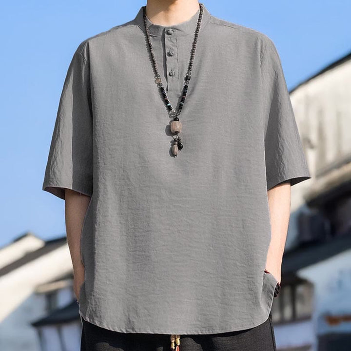 Buddha Stones Summer Casual Mandarin Collar Three Buttons Solid Men's Short Sleeve Shirts - image 19