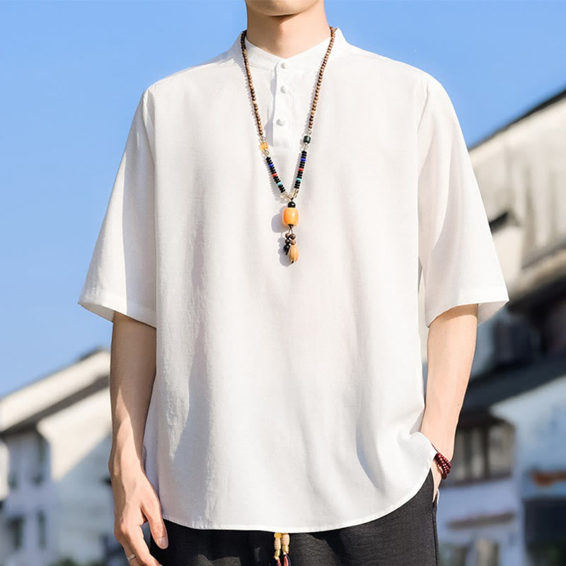Buddha Stones Summer Casual Mandarin Collar Three Buttons Solid Men's Short Sleeve Shirts - White - US/UK/AU48, EU58 (5XL) - image 22