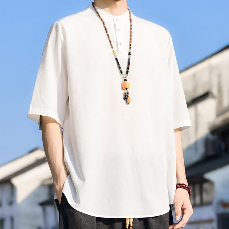 Buddha Stones Summer Casual Mandarin Collar Three Buttons Solid Men's Short Sleeve Shirts - image 23