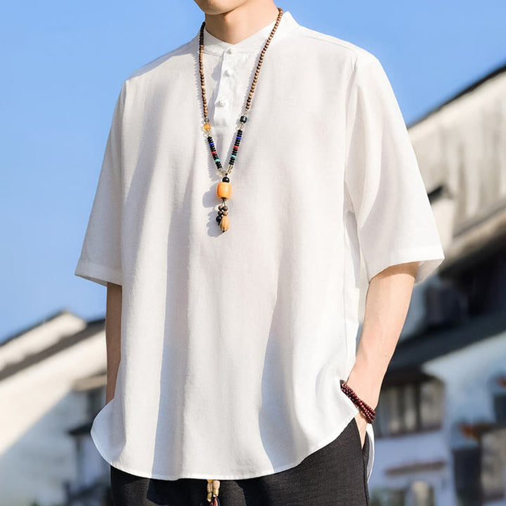 Buddha Stones Summer Casual Mandarin Collar Three Buttons Solid Men's Short Sleeve Shirts - image 24
