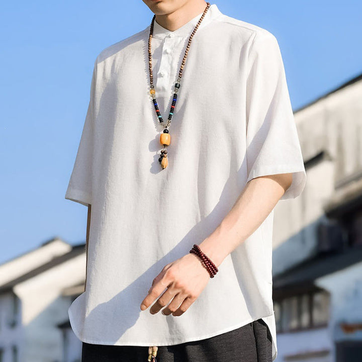 Buddha Stones Summer Casual Mandarin Collar Three Buttons Solid Men's Short Sleeve Shirts - image 26