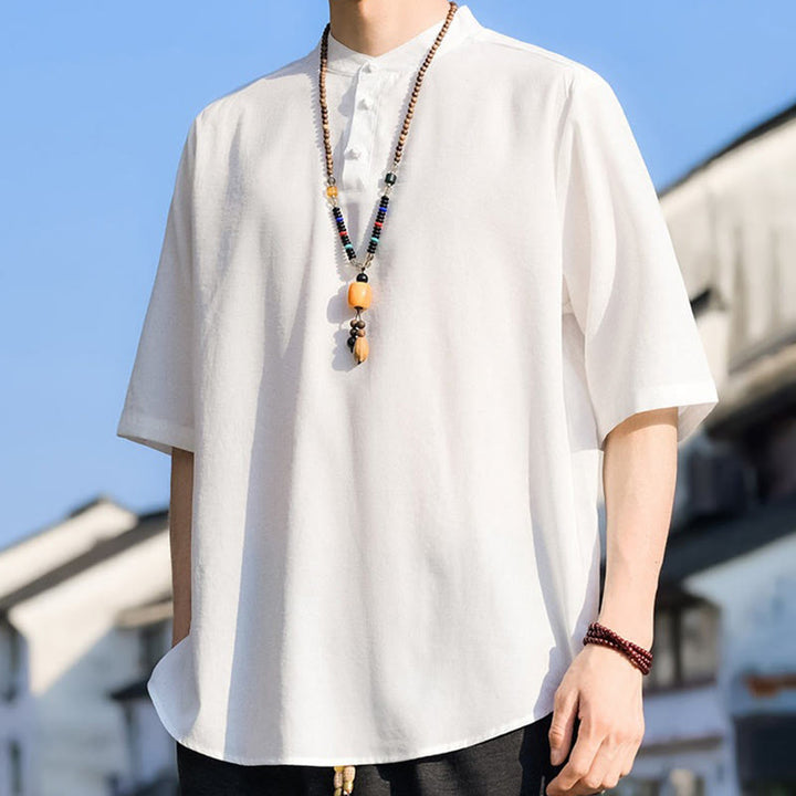 Buddha Stones Summer Casual Mandarin Collar Three Buttons Solid Men's Short Sleeve Shirts - image 28