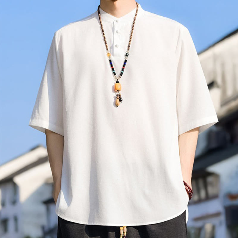 Buddha Stones Summer Casual Mandarin Collar Three Buttons Solid Men's Short Sleeve Shirts - image 27