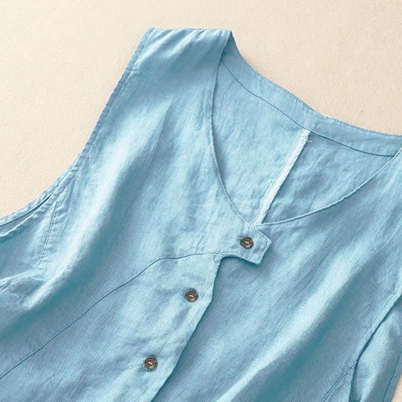 Buddha Stones Summer Casual Minimalist Lines Button-Up Solid Women's Sleeveless Shirts Tank Top With Pocket - image 6