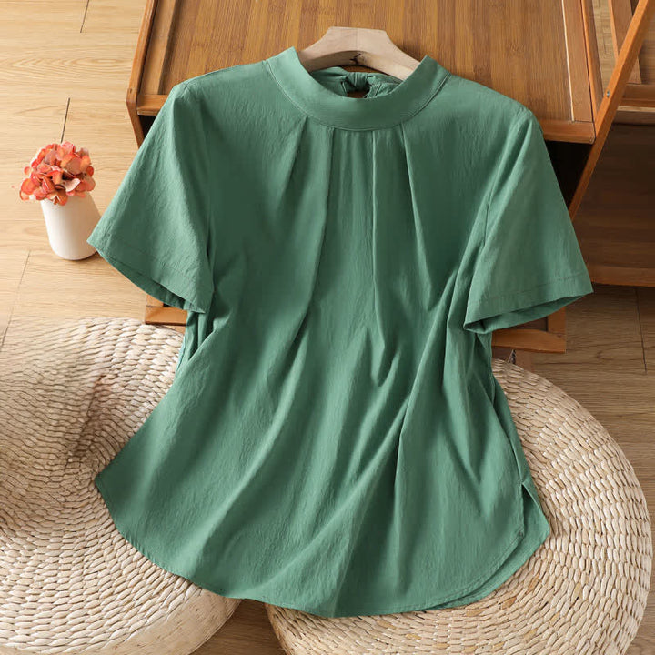 Buddha Stones Summer Crew Neck Front Pleats Lace-up Side Slit Solid Women's Short Sleeve Shirts - Medium Sea Green - US12, UK/AU16, EU44 (2XL) - image 8