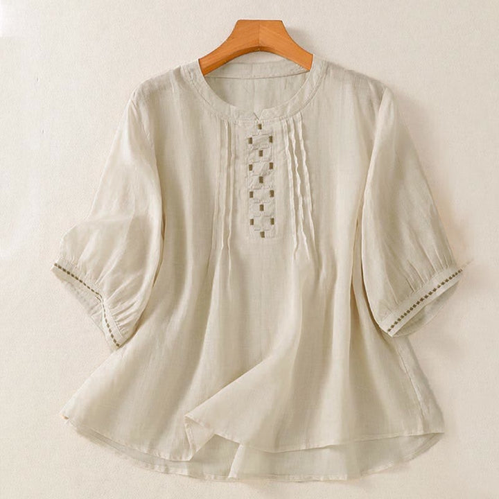 Buddha Stones Summer Casual Solid Embroidery Pleated Front Women's Short Sleeve T-Shirts - AntiqueWhite - US12, UK/AU16, EU44 (2XL) - image 15