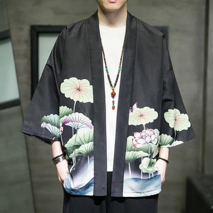 Buddha Stones Summer Casual Lotus Leaves Butterfly Crane Print Open Front Men's Kimono - Black - US/UK/AU48, EU58 (5XL) - image 12