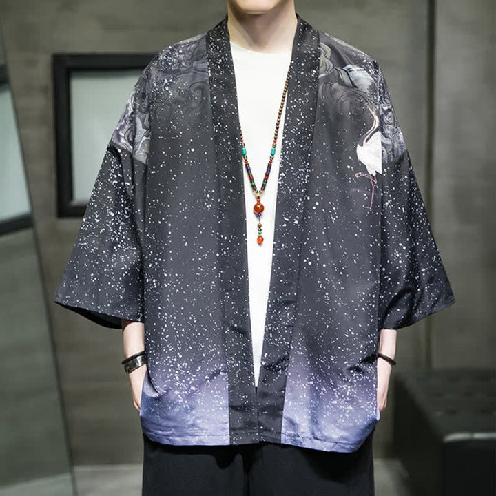 Buddha Stones Summer Casual Lotus Leaves Butterfly Crane Print Open Front Men's Kimono - DarkSlateBlue - US/UK/AU48, EU58 (5XL) - image 24