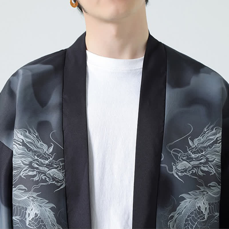 Buddha Stones Summer Casual Dragon Mountains Open Front Men's Kimono - image 10