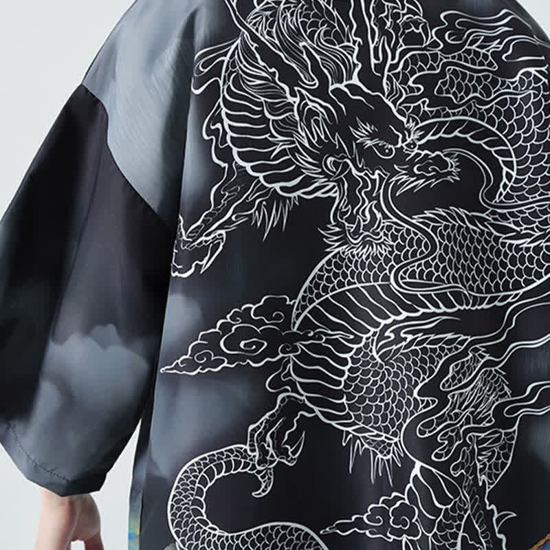 Buddha Stones Summer Casual Dragon Mountains Open Front Men's Kimono - image 12