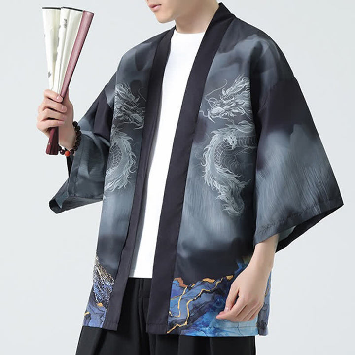 Buddha Stones Summer Casual Dragon Mountains Open Front Men's Kimono - image 7
