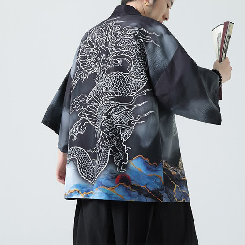 Buddha Stones Summer Casual Dragon Mountains Open Front Men's Kimono - image 9