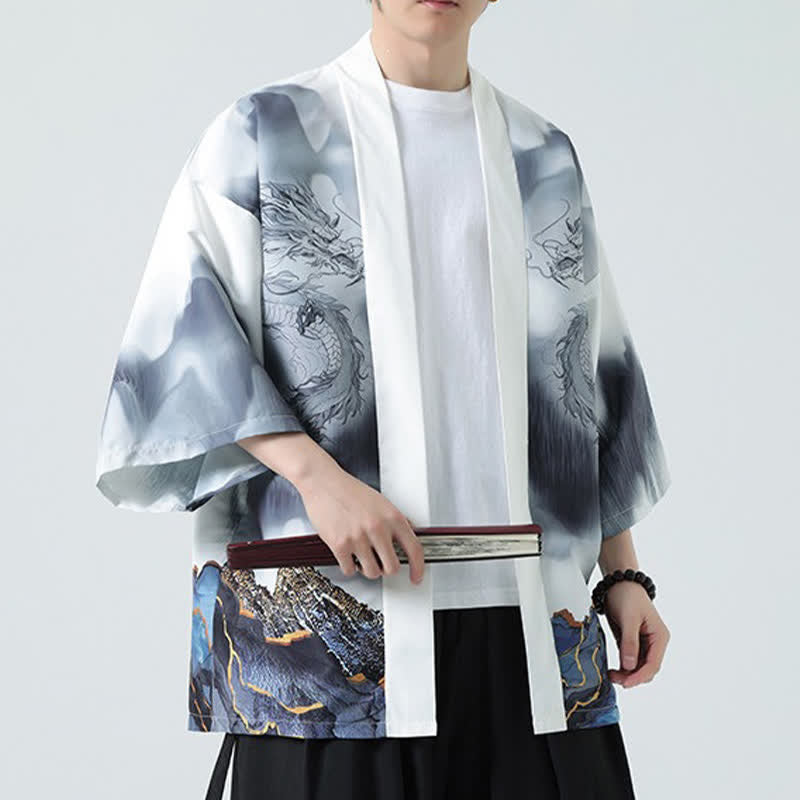 Buddha Stones Summer Casual Dragon Mountains Open Front Men's Kimono - image 18