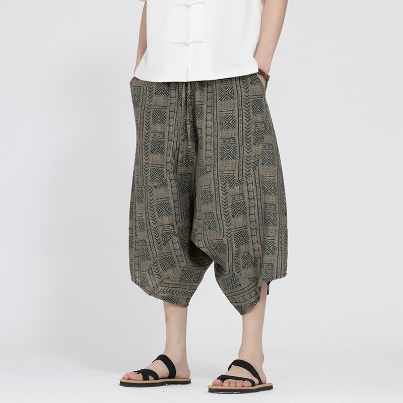Buddha Stones Summer Boho Casual Elastic Waist Geometric Floral Pattern Capri Pants Men's Harem Pants - Tan - US/UK/AU46，EU56 (5XL) - image 0