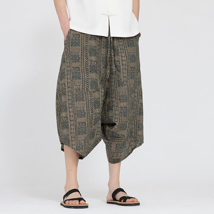 Buddha Stones Summer Boho Casual Elastic Waist Geometric Floral Pattern Capri Pants Men's Harem Pants - image 6