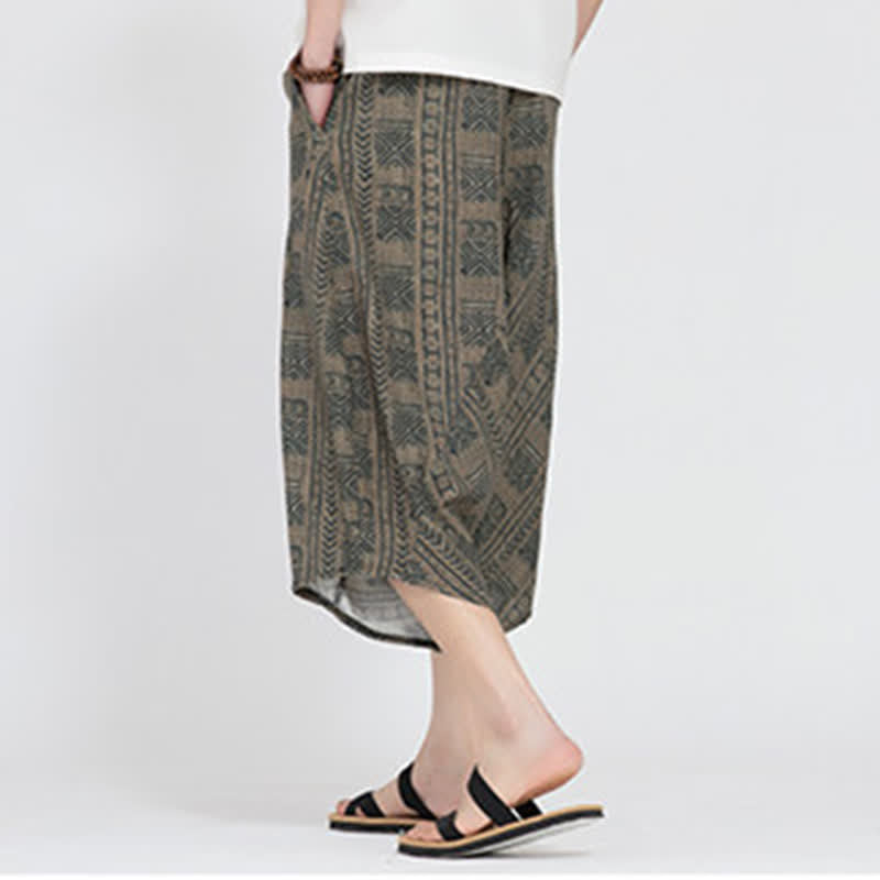 Buddha Stones Summer Boho Casual Elastic Waist Geometric Floral Pattern Capri Pants Men's Harem Pants - image 3