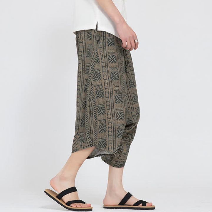 Buddha Stones Summer Boho Casual Elastic Waist Geometric Floral Pattern Capri Pants Men's Harem Pants - image 2