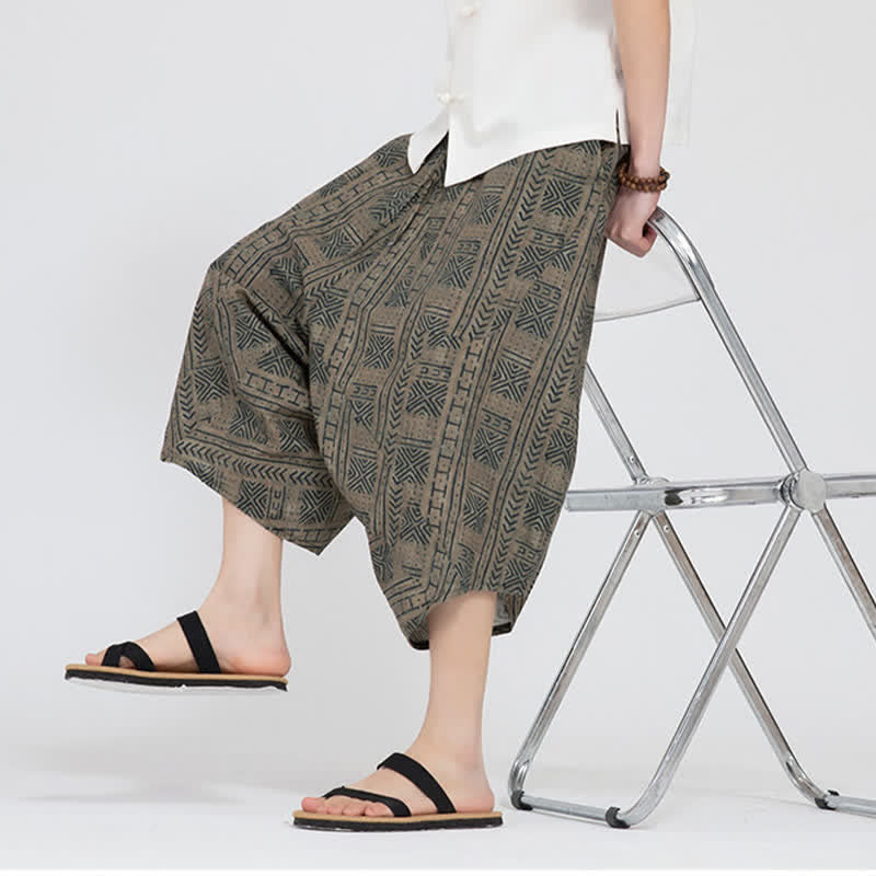 Buddha Stones Summer Boho Casual Elastic Waist Geometric Floral Pattern Capri Pants Men's Harem Pants - image 9