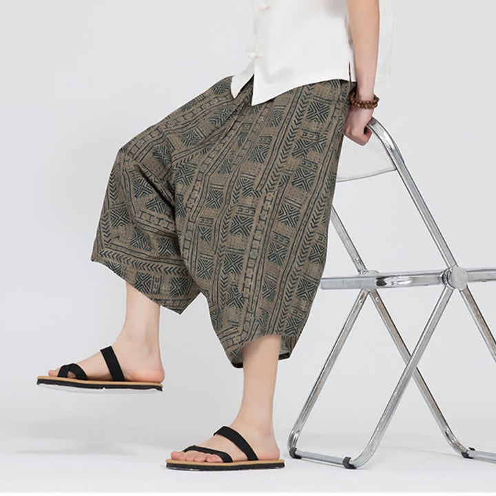 Buddha Stones Summer Boho Casual Elastic Waist Geometric Floral Pattern Capri Pants Men's Harem Pants - image 9
