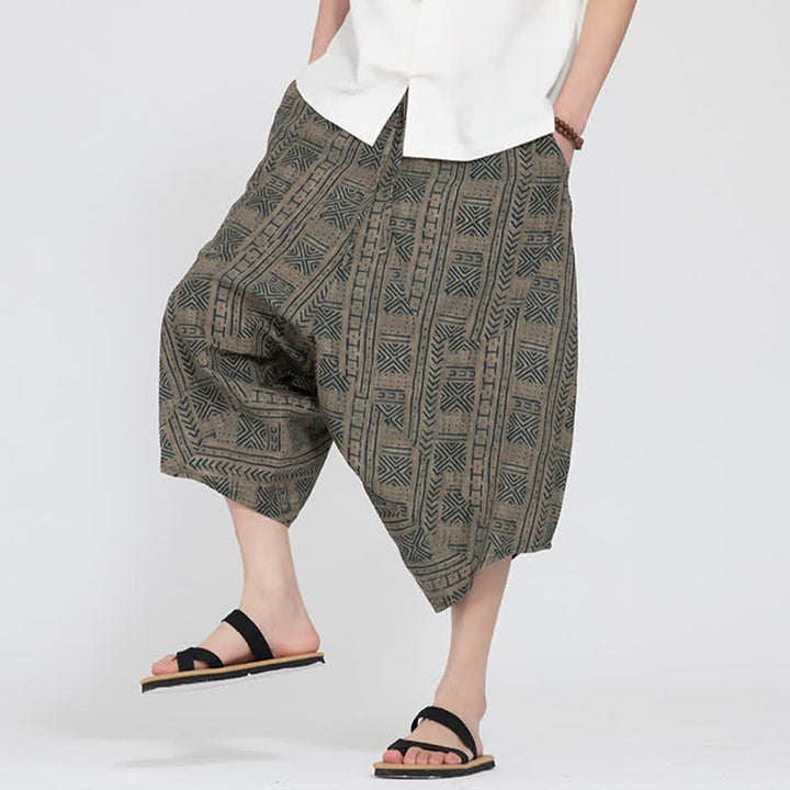 Buddha Stones Summer Boho Casual Elastic Waist Geometric Floral Pattern Capri Pants Men's Harem Pants - image 7