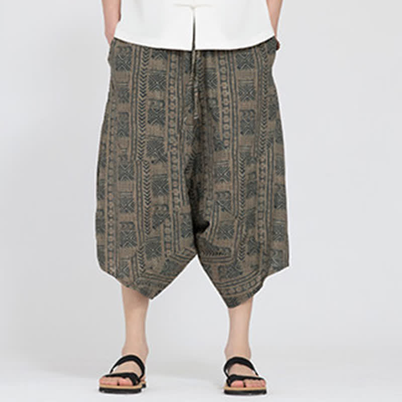 Buddha Stones Summer Boho Casual Elastic Waist Geometric Floral Pattern Capri Pants Men's Harem Pants - image 1