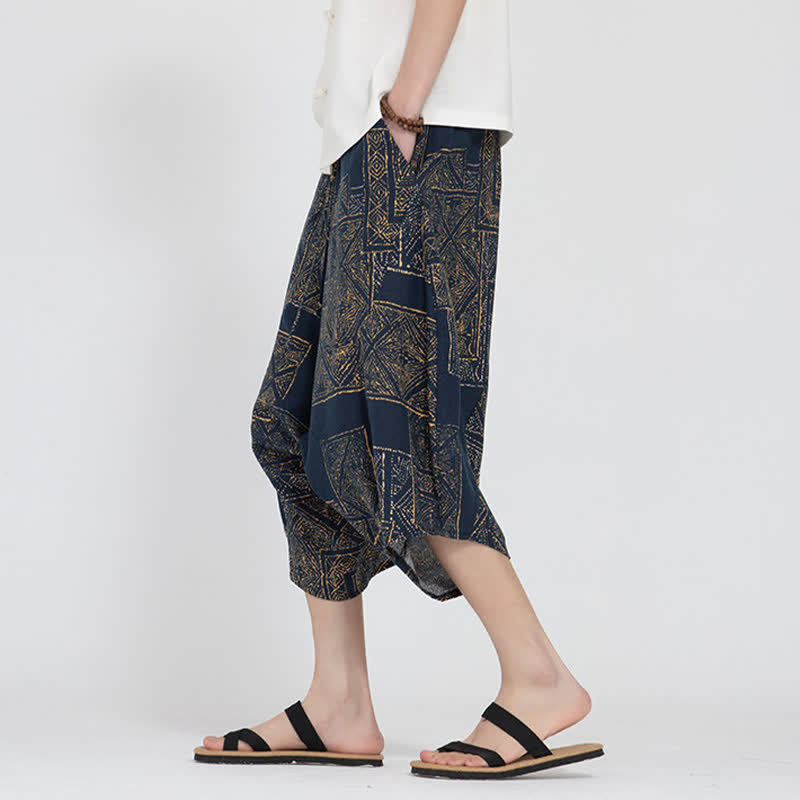 Buddha Stones Summer Boho Casual Elastic Waist Geometric Floral Pattern Capri Pants Men's Harem Pants - image 13