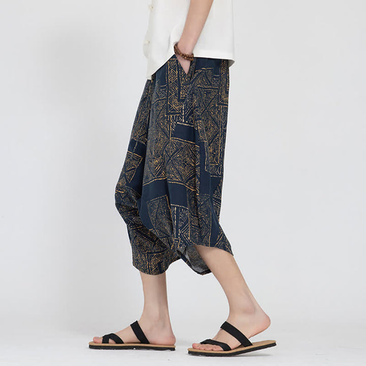 Buddha Stones Summer Boho Casual Elastic Waist Geometric Floral Pattern Capri Pants Men's Harem Pants - image 13