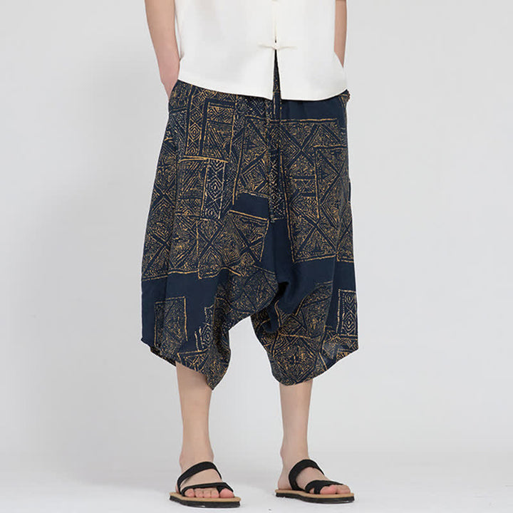 Buddha Stones Summer Boho Casual Elastic Waist Geometric Floral Pattern Capri Pants Men's Harem Pants - SteelBlue - US/UK/AU46，EU56 (5XL) - image 14