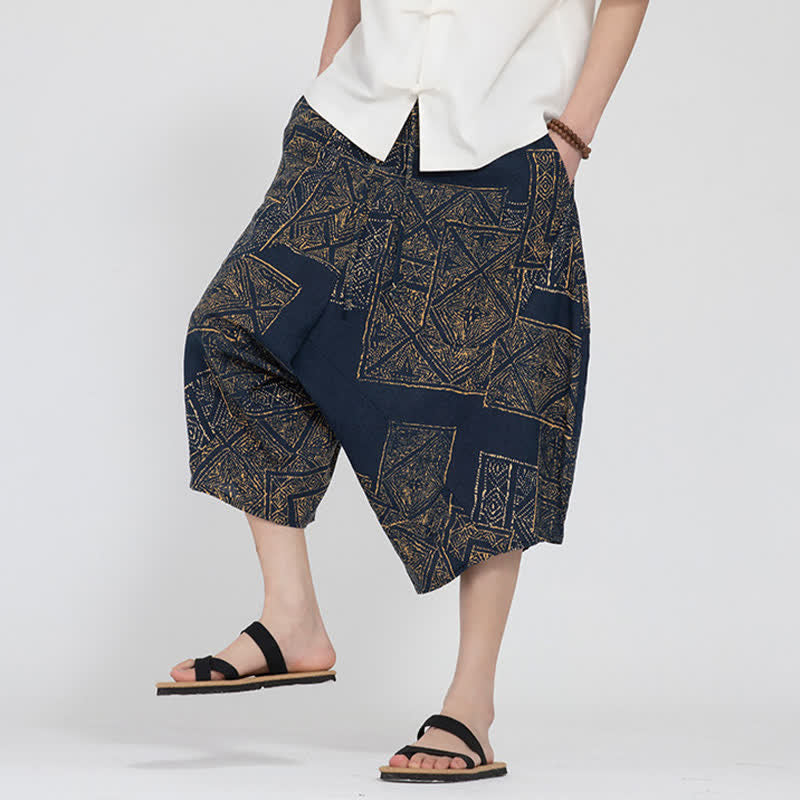 Buddha Stones Summer Boho Casual Elastic Waist Geometric Floral Pattern Capri Pants Men's Harem Pants - image 17