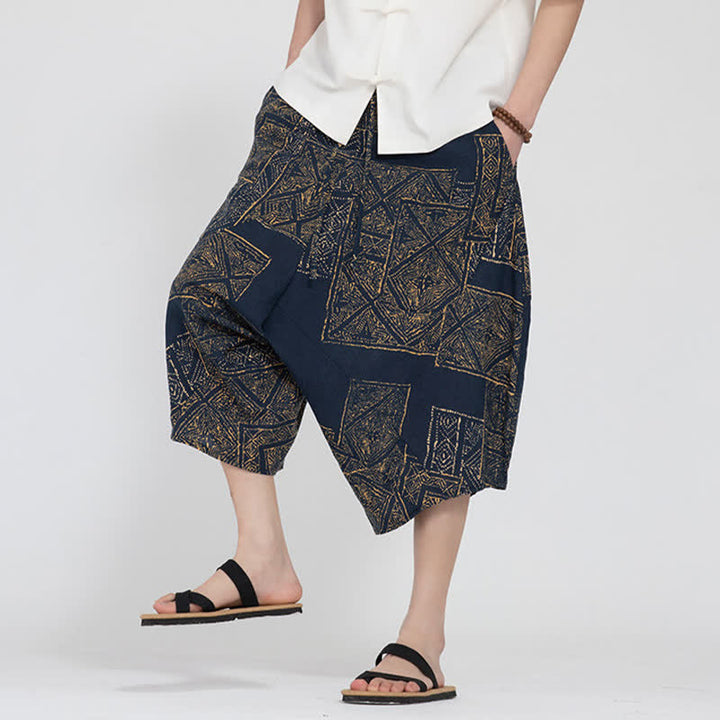 Buddha Stones Summer Boho Casual Elastic Waist Geometric Floral Pattern Capri Pants Men's Harem Pants - image 17