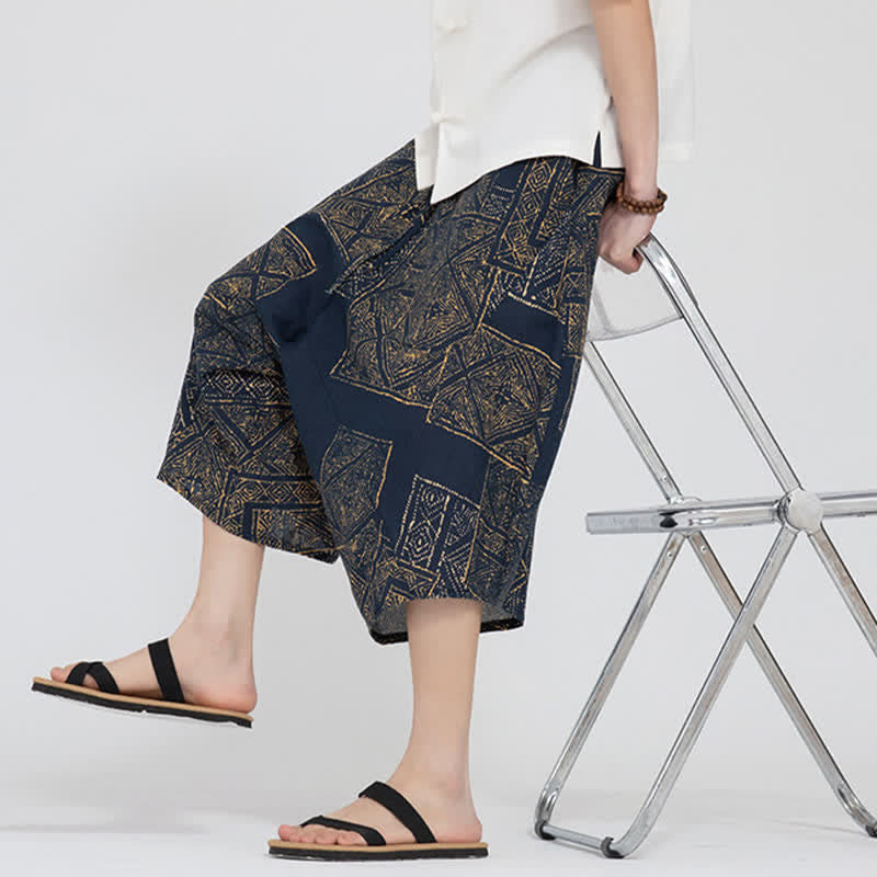Buddha Stones Summer Boho Casual Elastic Waist Geometric Floral Pattern Capri Pants Men's Harem Pants - image 19
