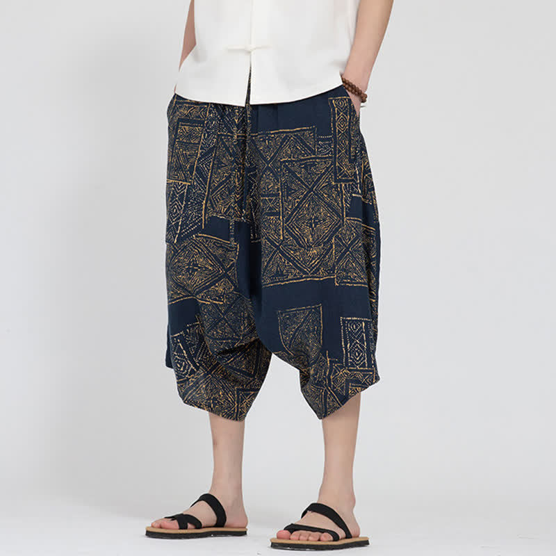 Buddha Stones Summer Boho Casual Elastic Waist Geometric Floral Pattern Capri Pants Men's Harem Pants - image 15
