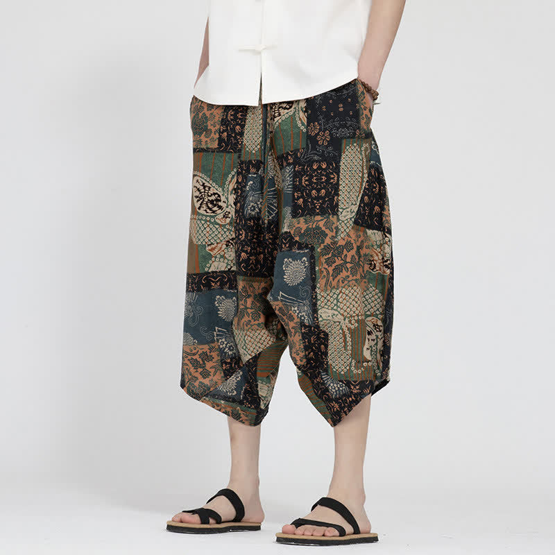Buddha Stones Summer Boho Casual Elastic Waist Geometric Floral Pattern Capri Pants Men's Harem Pants - image 21