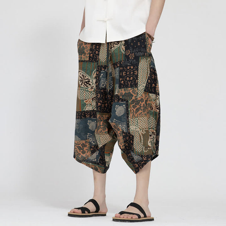 Buddha Stones Summer Boho Casual Elastic Waist Geometric Floral Pattern Capri Pants Men's Harem Pants - image 21