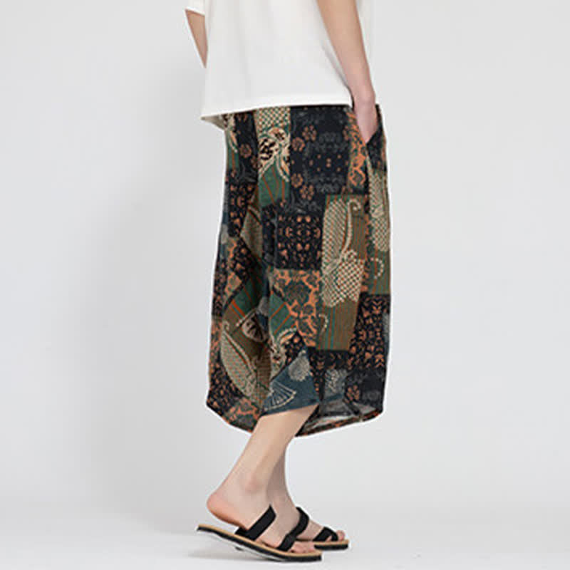 Buddha Stones Summer Boho Casual Elastic Waist Geometric Floral Pattern Capri Pants Men's Harem Pants - image 22