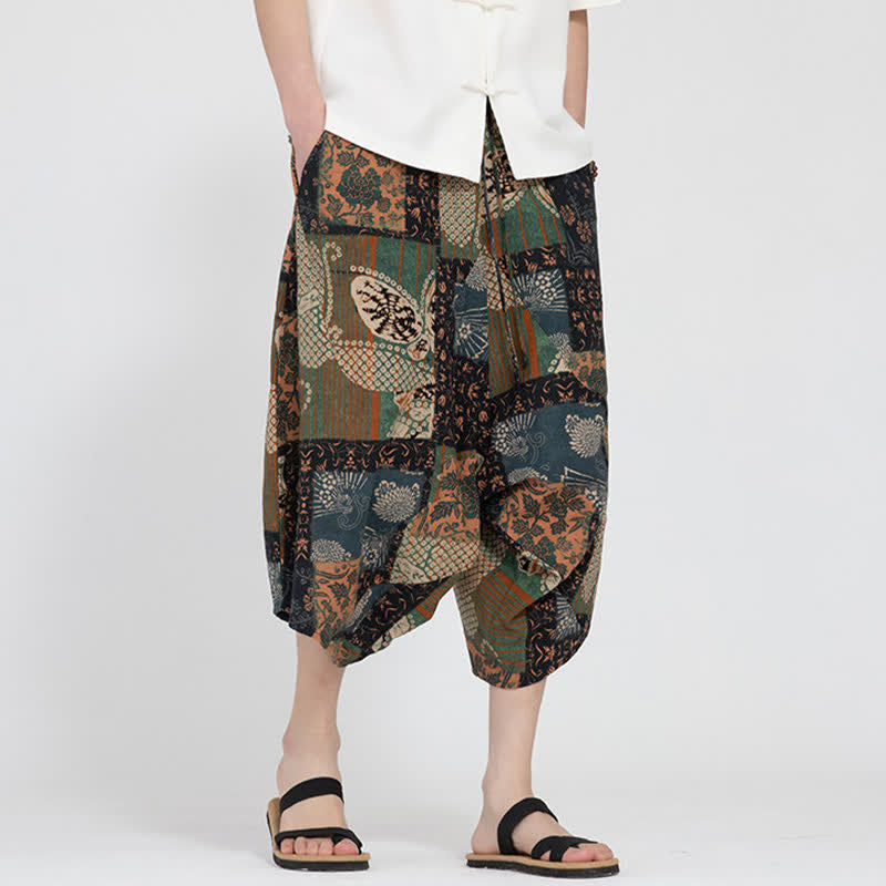 Buddha Stones Summer Boho Casual Elastic Waist Geometric Floral Pattern Capri Pants Men's Harem Pants - image 24
