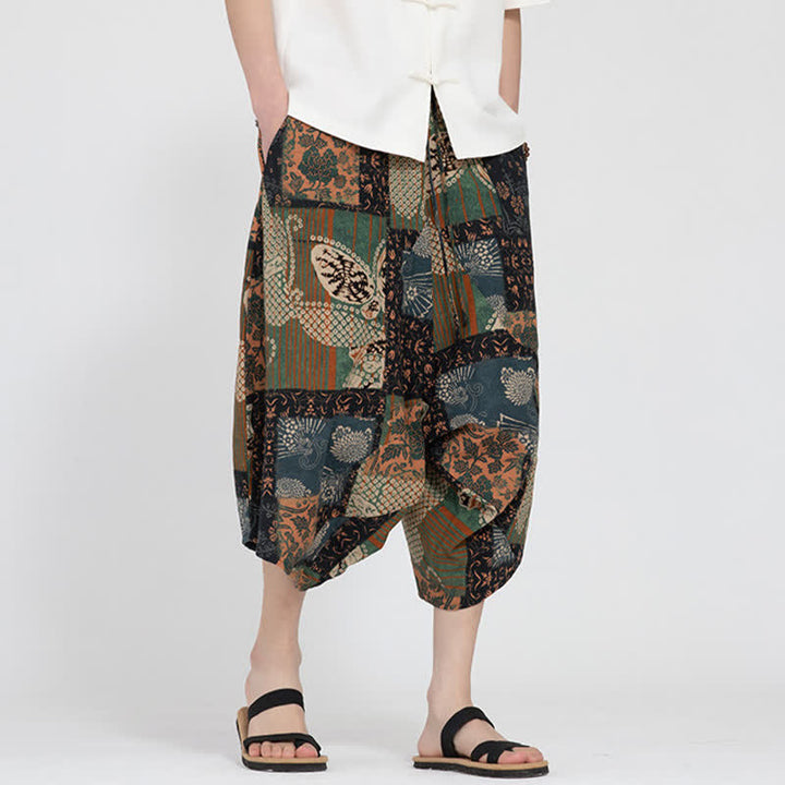 Buddha Stones Summer Boho Casual Elastic Waist Geometric Floral Pattern Capri Pants Men's Harem Pants - image 24