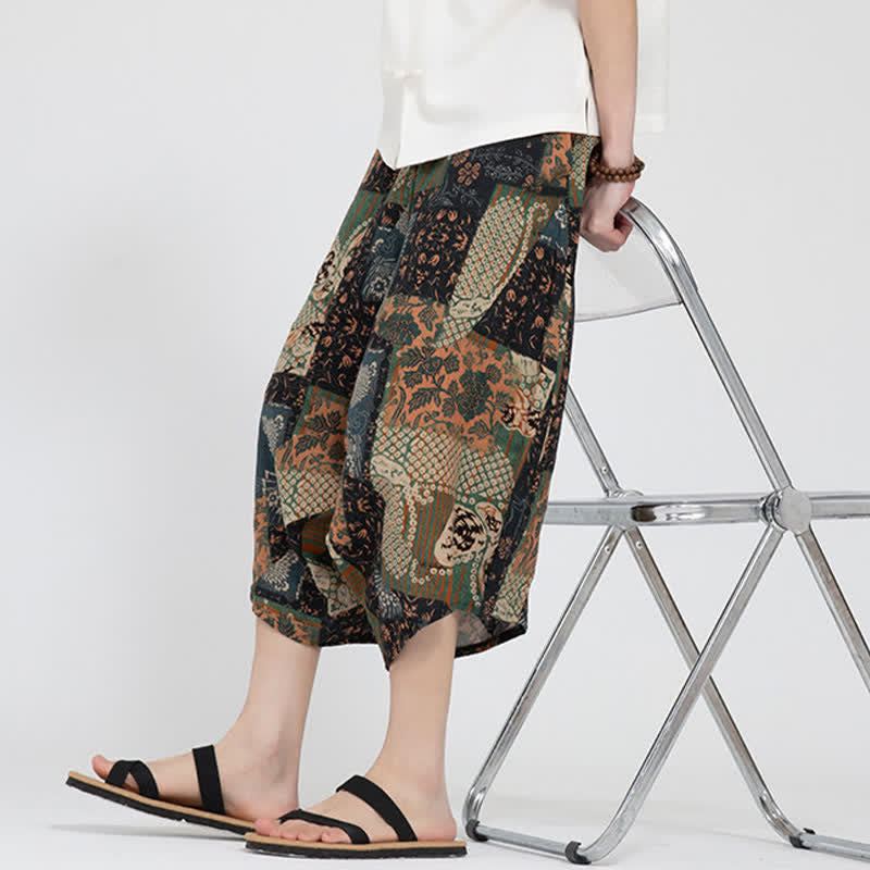 Buddha Stones Summer Boho Casual Elastic Waist Geometric Floral Pattern Capri Pants Men's Harem Pants - image 27