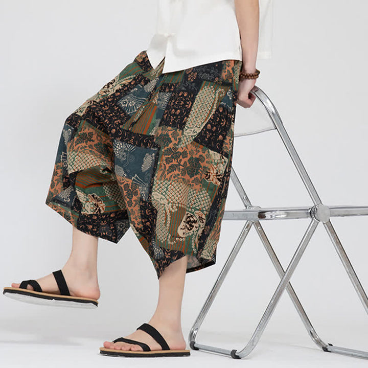 Buddha Stones Summer Boho Casual Elastic Waist Geometric Floral Pattern Capri Pants Men's Harem Pants - image 28