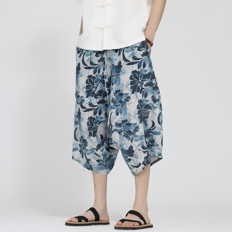 Buddha Stones Summer Boho Casual Elastic Waist Geometric Floral Pattern Capri Pants Men's Harem Pants - image 30
