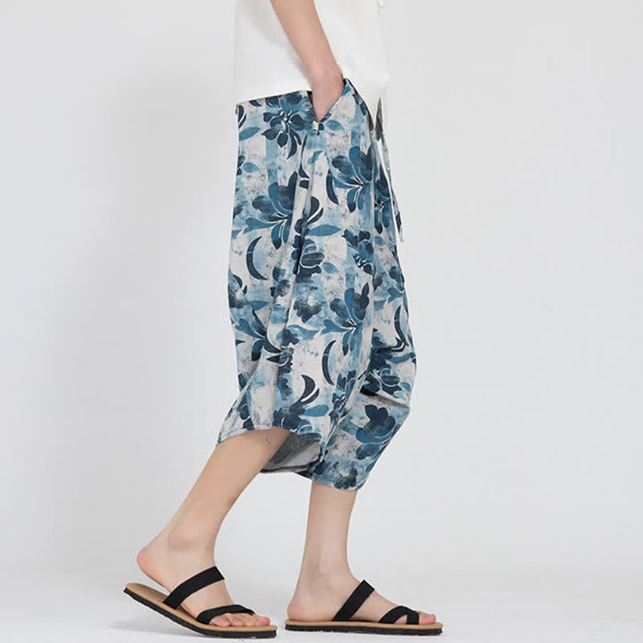 Buddha Stones Summer Boho Casual Elastic Waist Geometric Floral Pattern Capri Pants Men's Harem Pants - image 33