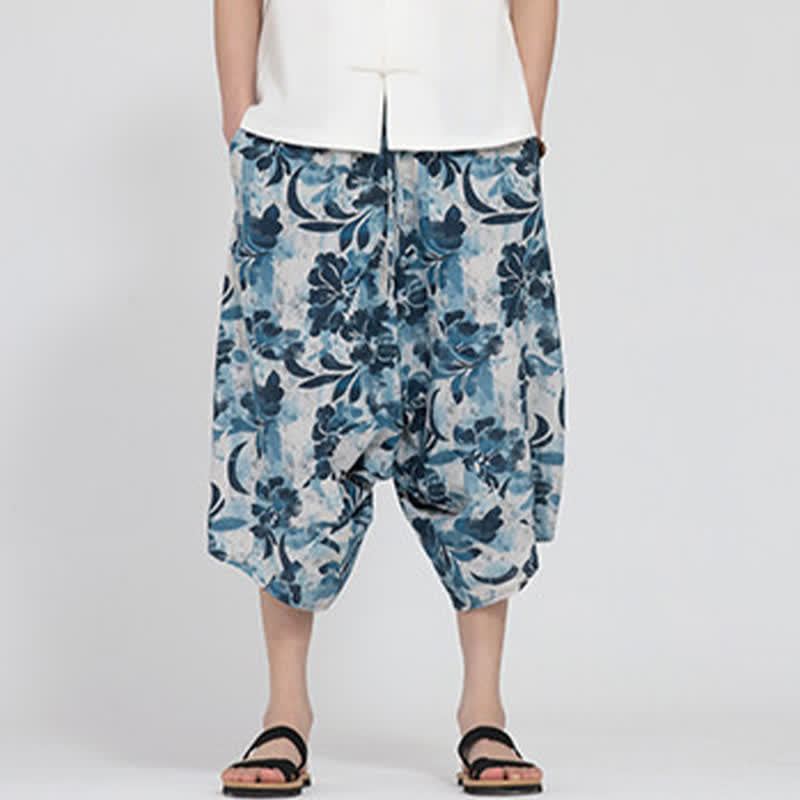 Buddha Stones Summer Boho Casual Elastic Waist Geometric Floral Pattern Capri Pants Men's Harem Pants - image 32