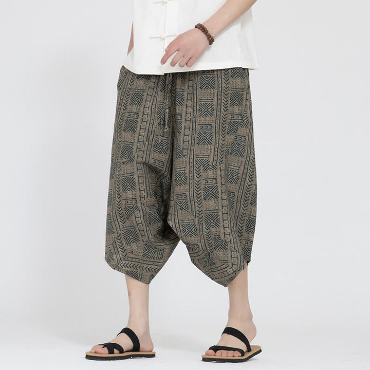 Buddha Stones Summer Boho Casual Elastic Waist Geometric Floral Pattern Capri Pants Men's Harem Pants - image 4