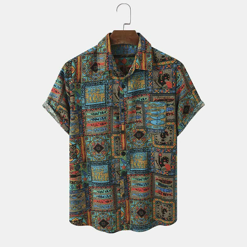 Buddha Stones Summer Boho Vintage Button-Up Geometric Men's Short Sleeve Shirts - Teal - US/UK/AU44，EU54 (3XL) - image 0