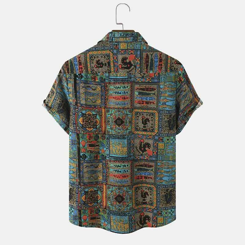 Buddha Stones Summer Boho Vintage Button-Up Geometric Men's Short Sleeve Shirts - image 1