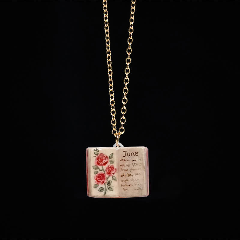 Buddha Stones Copper Birth Flower Strengthen Book Design Balance Pendant Necklace - Rose - image 0