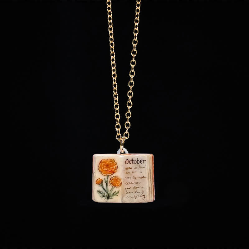 Buddha Stones Copper Birth Flower Strengthen Book Design Balance Pendant Necklace - Calendula - image 37
