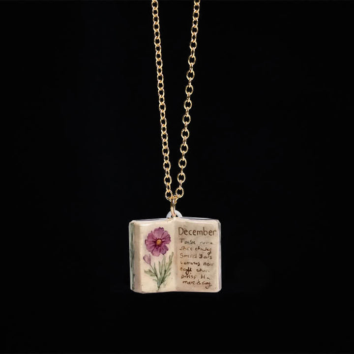 Buddha Stones Copper Birth Flower Strengthen Book Design Balance Pendant Necklace - Purple Chrysanthemum - image 45