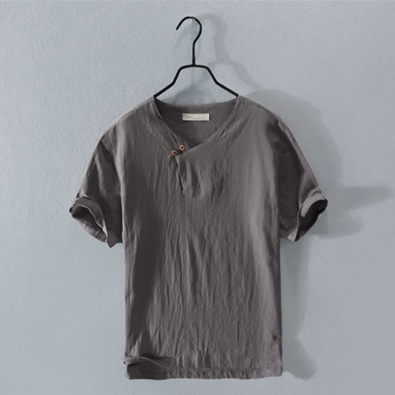 Buddha Stones Summer Casual Asymmetrical V-Neck Button Solid Men's Short Sleeve Shirts - DimGray - US/UK/AU42，EU52 (3XL) - image 0