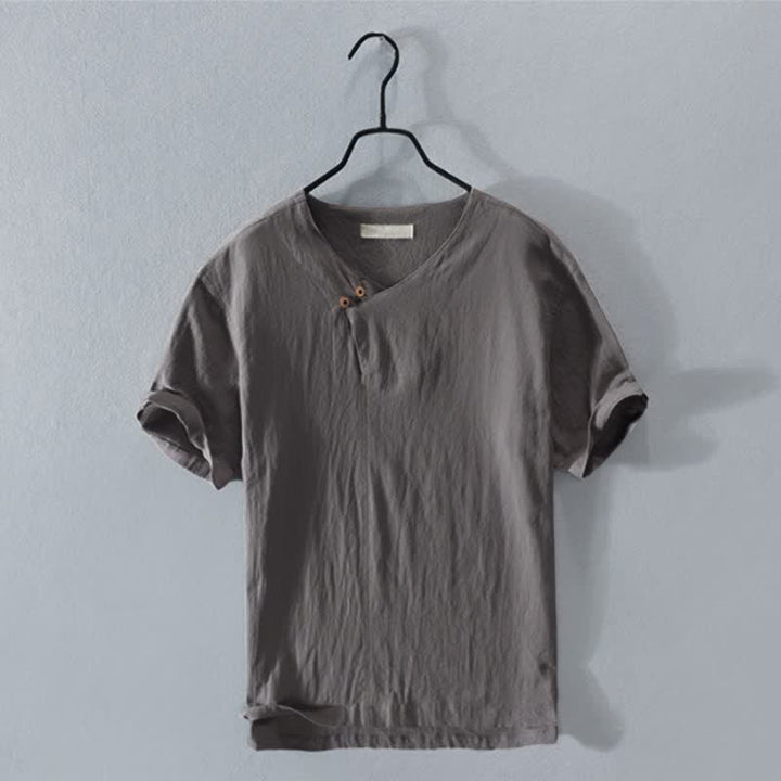 Buddha Stones Summer Casual Asymmetrical V-Neck Button Solid Men's Short Sleeve Shirts - DimGray - US/UK/AU42，EU52 (3XL) - image 0